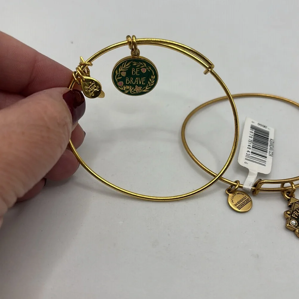 Alex and Ani gold charm bangle bracelet stretch Friend and Be Brave charms